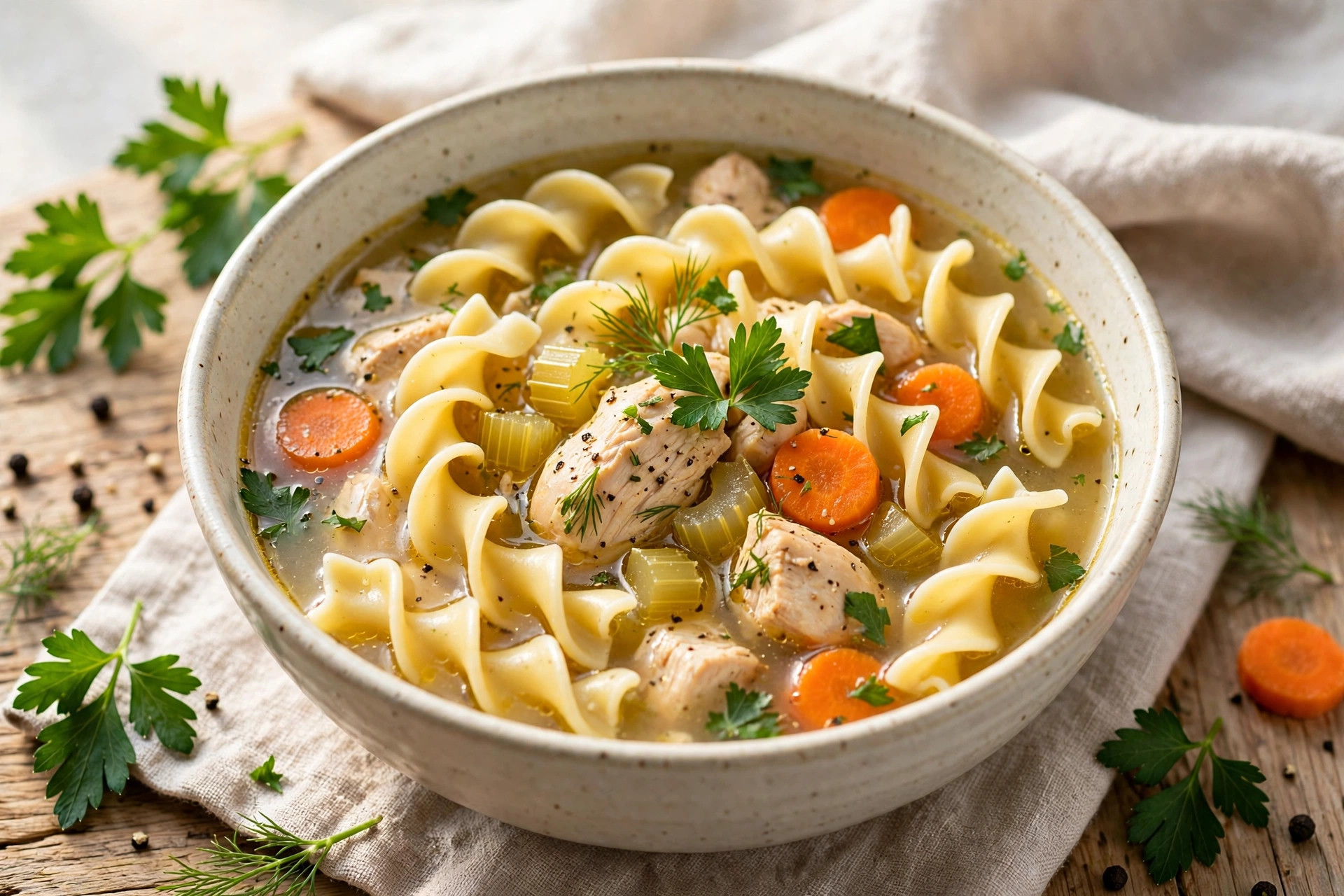 Bowl of chicken noodle soup with egg noodles