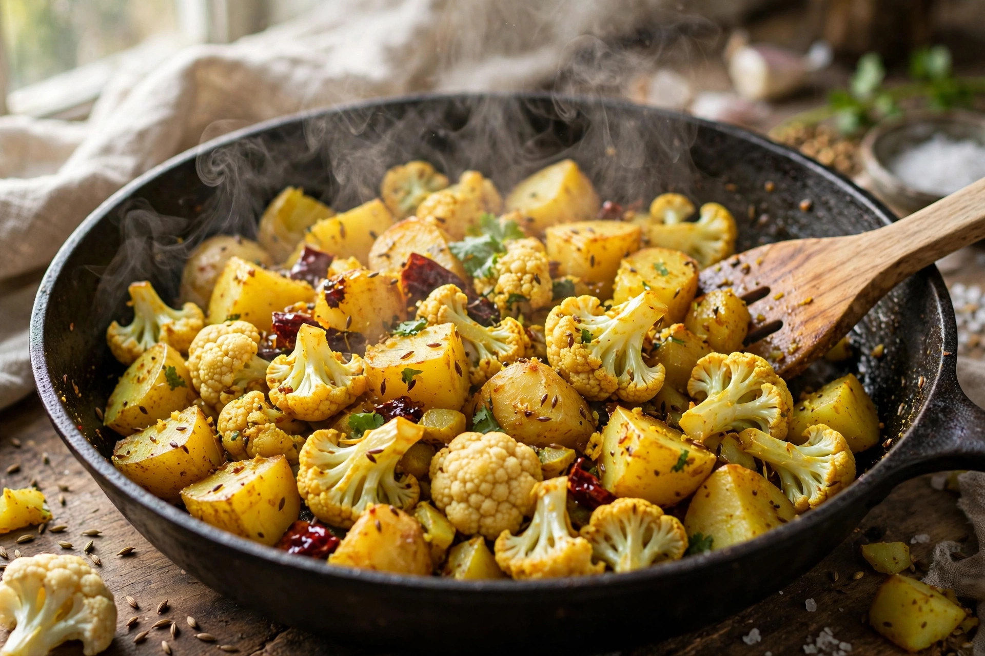 Indian Aloo Gobi Recipe cooking in a pan