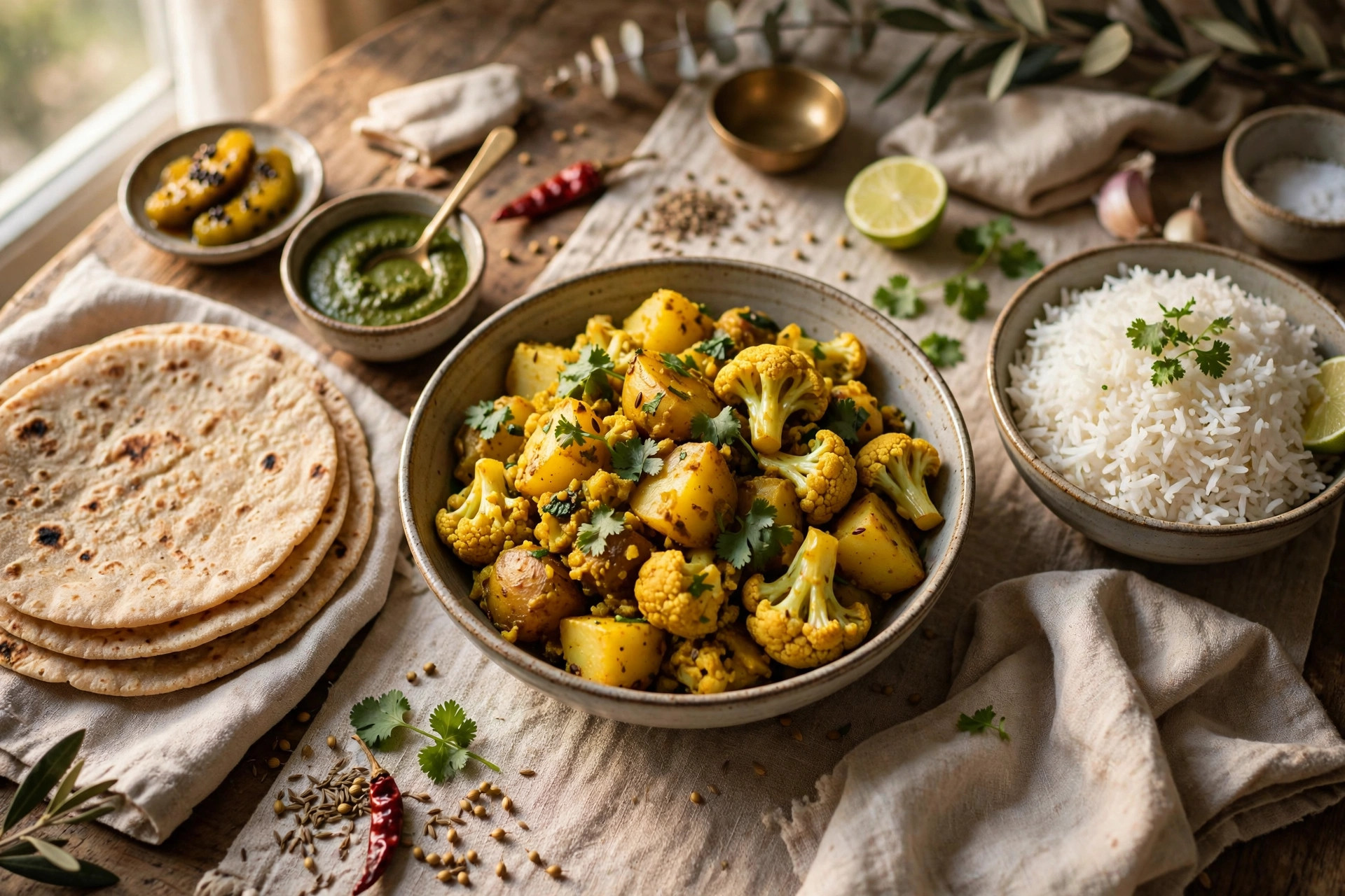 Indian Aloo Gobi Recipe served with rice and flatbread