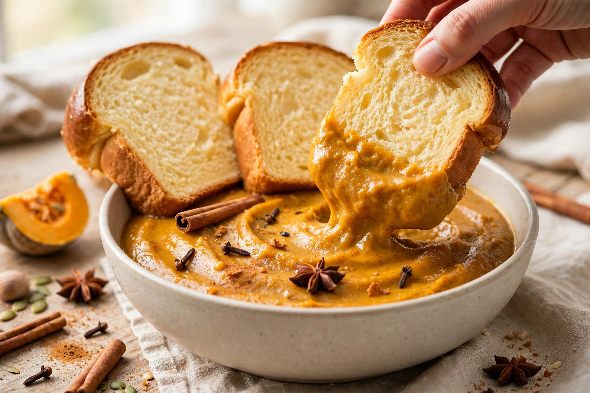 Dipping brioche into spiced pumpkin French toast custard