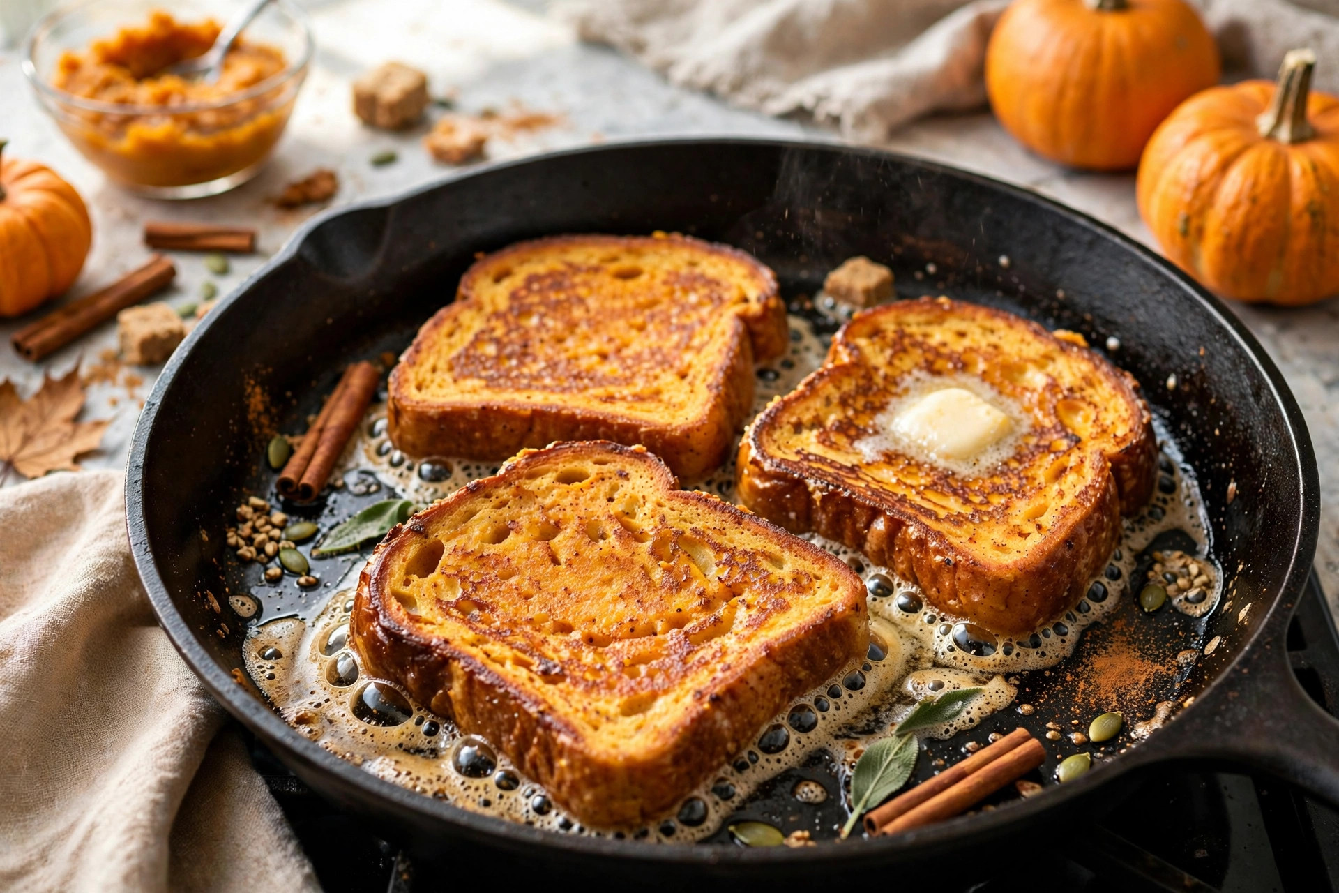 Pumpkin brioche French toast griddling golden