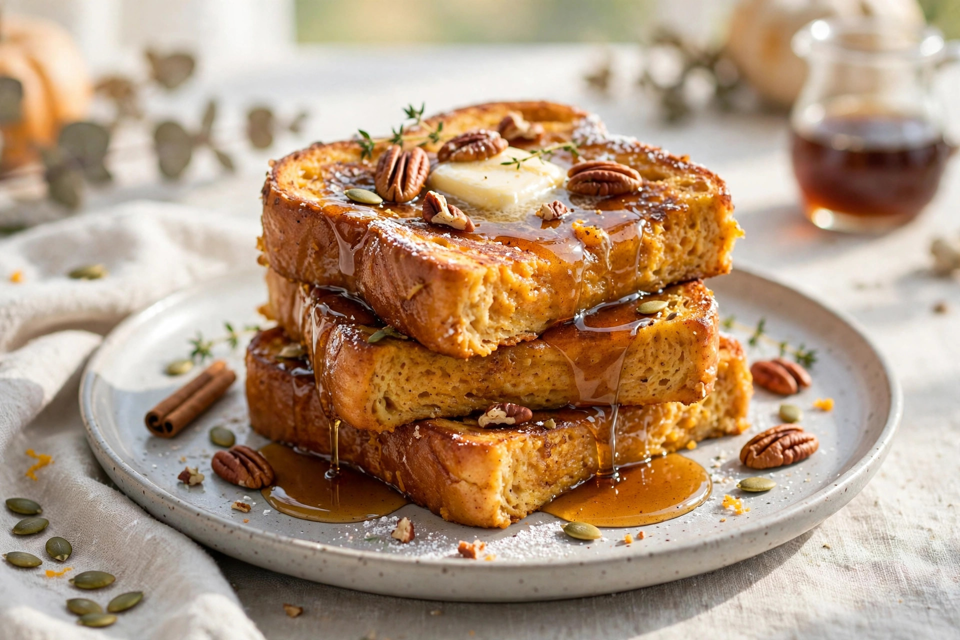 Plated stack of pumpkin brioche French toast with maple syrup