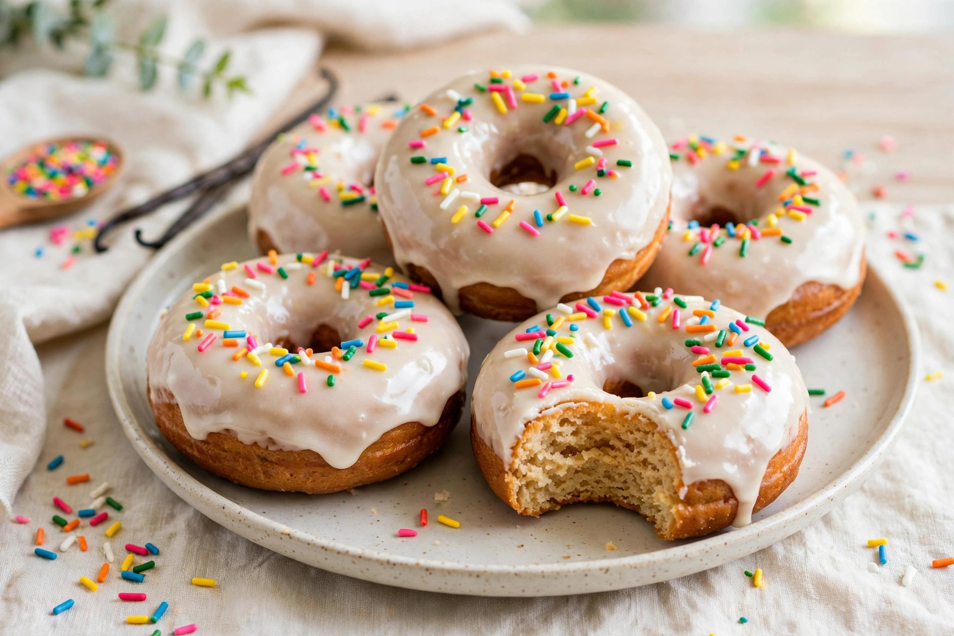 vegan donuts with vanilla glaze and rainbow sprinkles on a plate