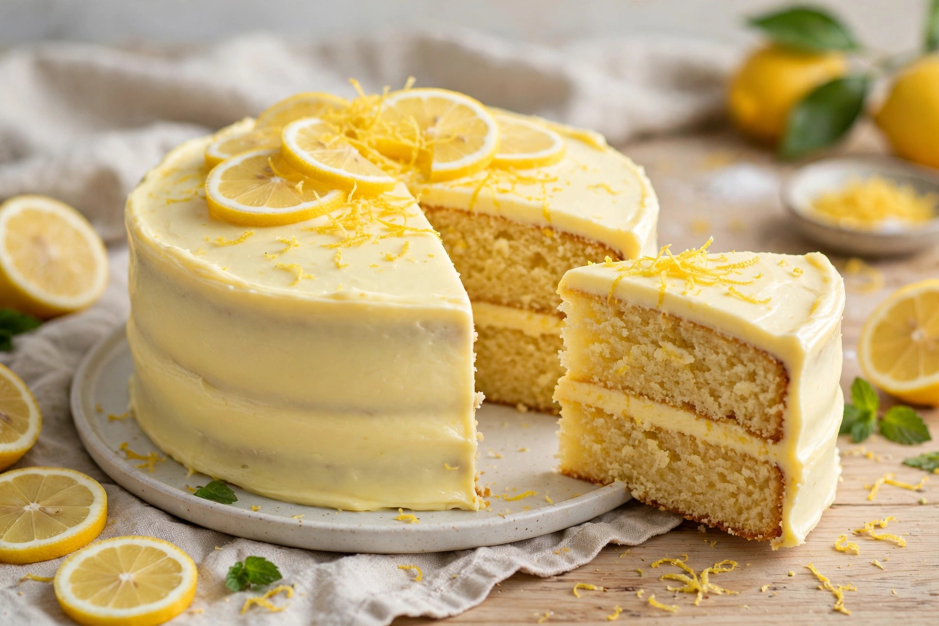 vegan lemon cake with lemon frosting, a cut slice, and lemon slices on top