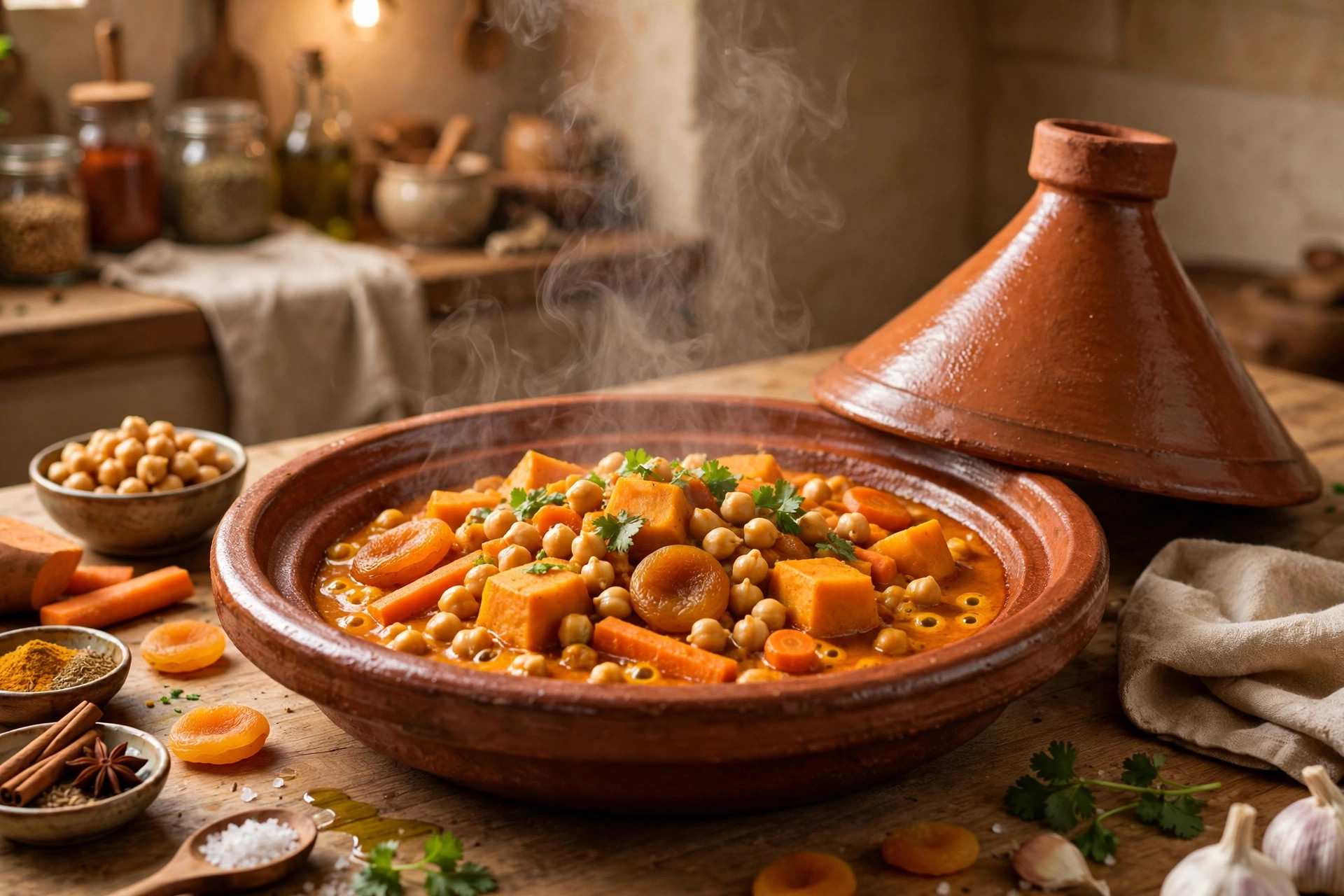 Vegan Moroccan tagine with chickpeas and apricots in a pot