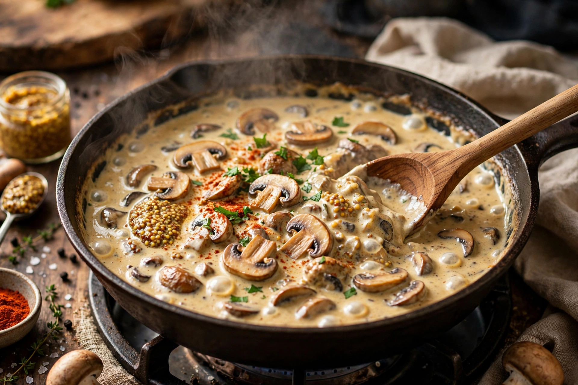 Vegan mushroom stroganoff sauce simmering with mushrooms
