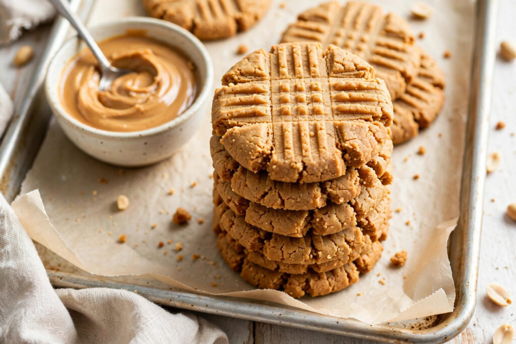 vegan peanut butter cookies with fork crisscross marks on a baking sheet