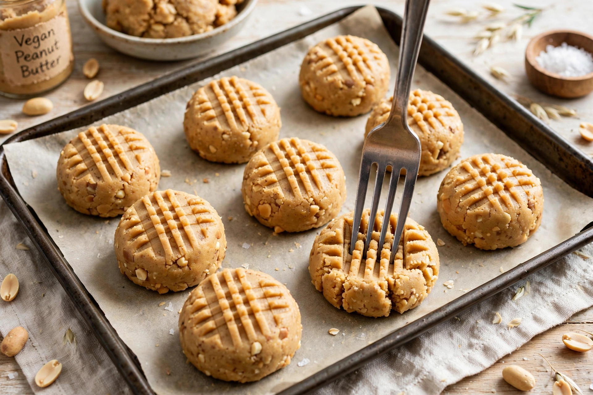 Pressing fork marks into vegan peanut butter cookies